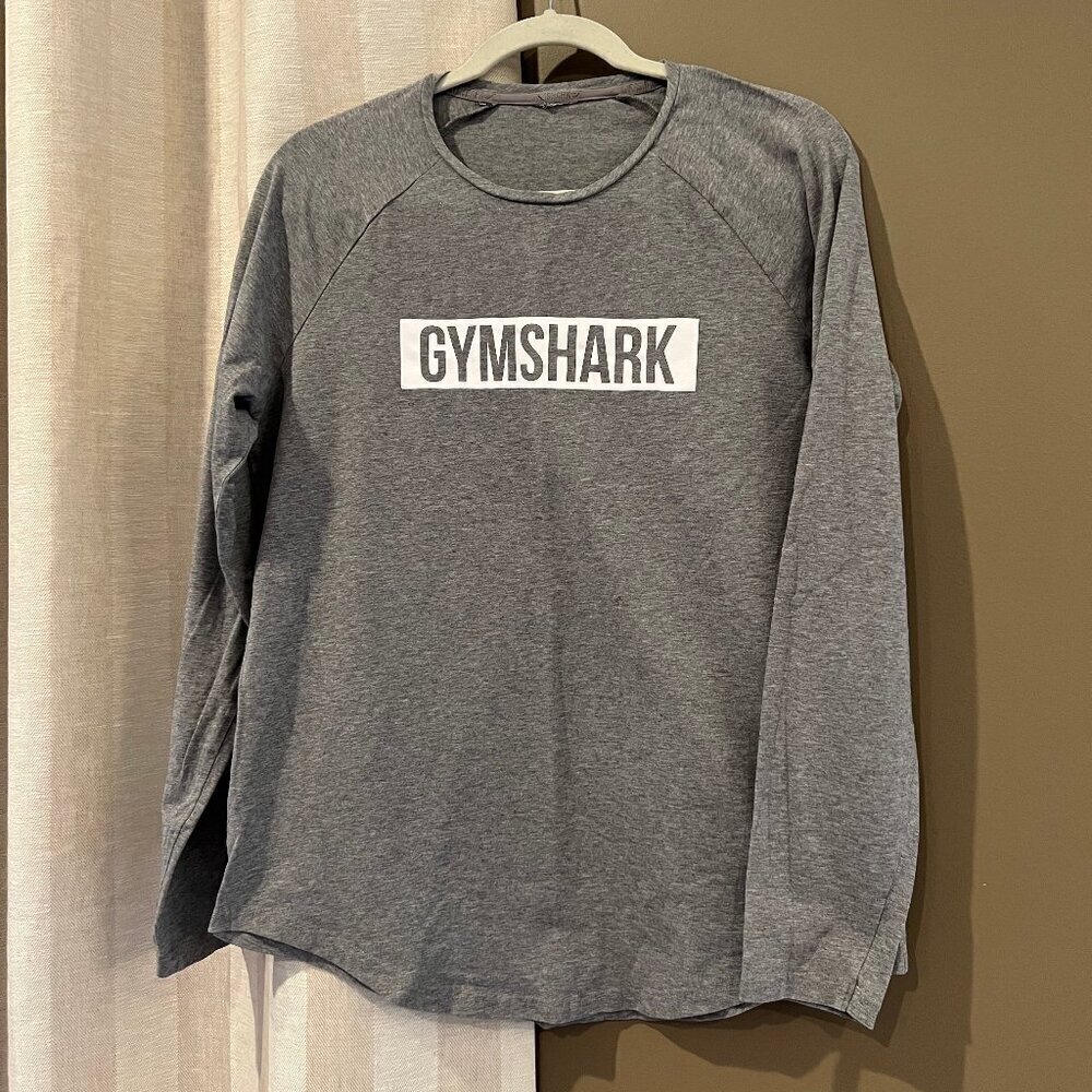 Gymshark Gray & White Long sleeve logo, Crew Neck, Size Medium